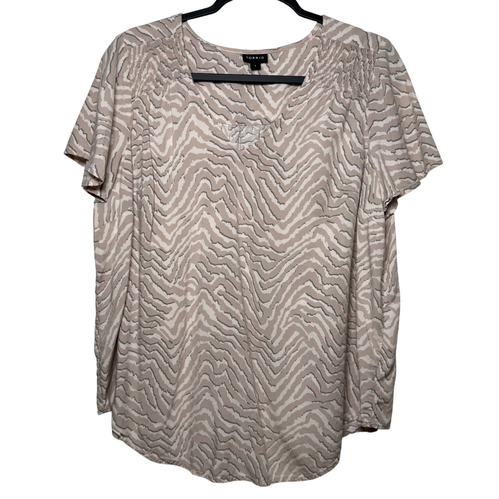 Torrid Tan‎ Zebra Print Smocked V-Neck Boxy Relaxed Blouse Size 1X-14/16